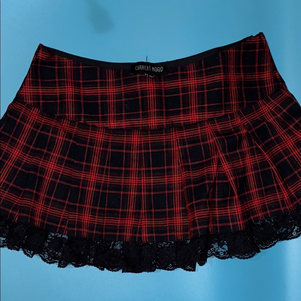 Current Mood Red and Black Plaid Pleated Mini Skirt with Lace Hem